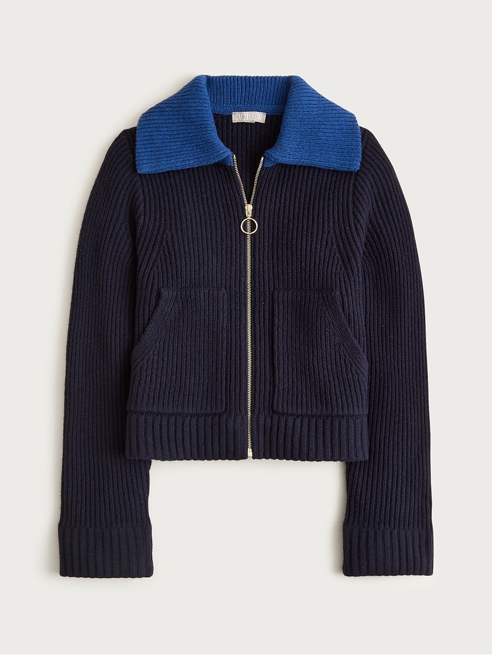 J. Crew Navy Ribbed Zip-Up Jacket with Bright Blue Collar